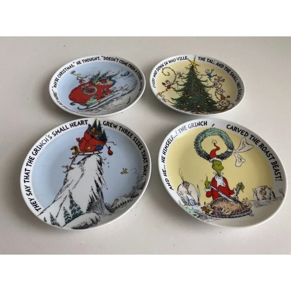 Dr Seuss The Grinch 65th Anniversary Set 4 Christmas Appetizer Plates Holiday 6”